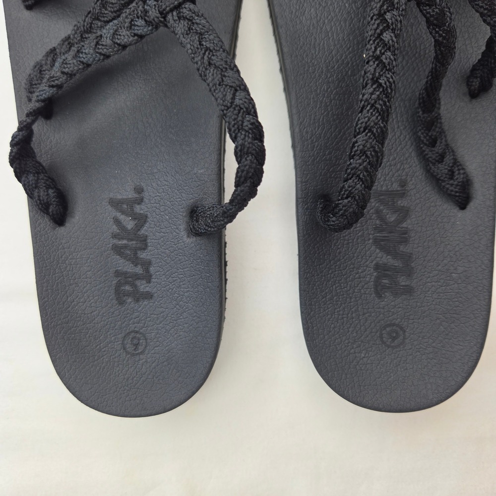 Plaka Seashell Black Woven Rope Strappy Slide Sandals Womens Size 9 Hand-Woven - Picture 2 of 6